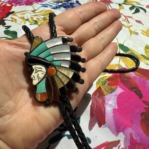 Ralph Quam Zuni Sterling Comanche Chief bolo/pendant